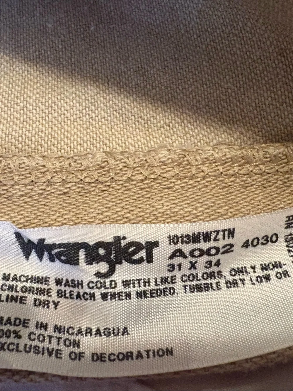 Wrangler Men’s 31x34 Tan Khaki Straight Leg Jeans 100% Cotton